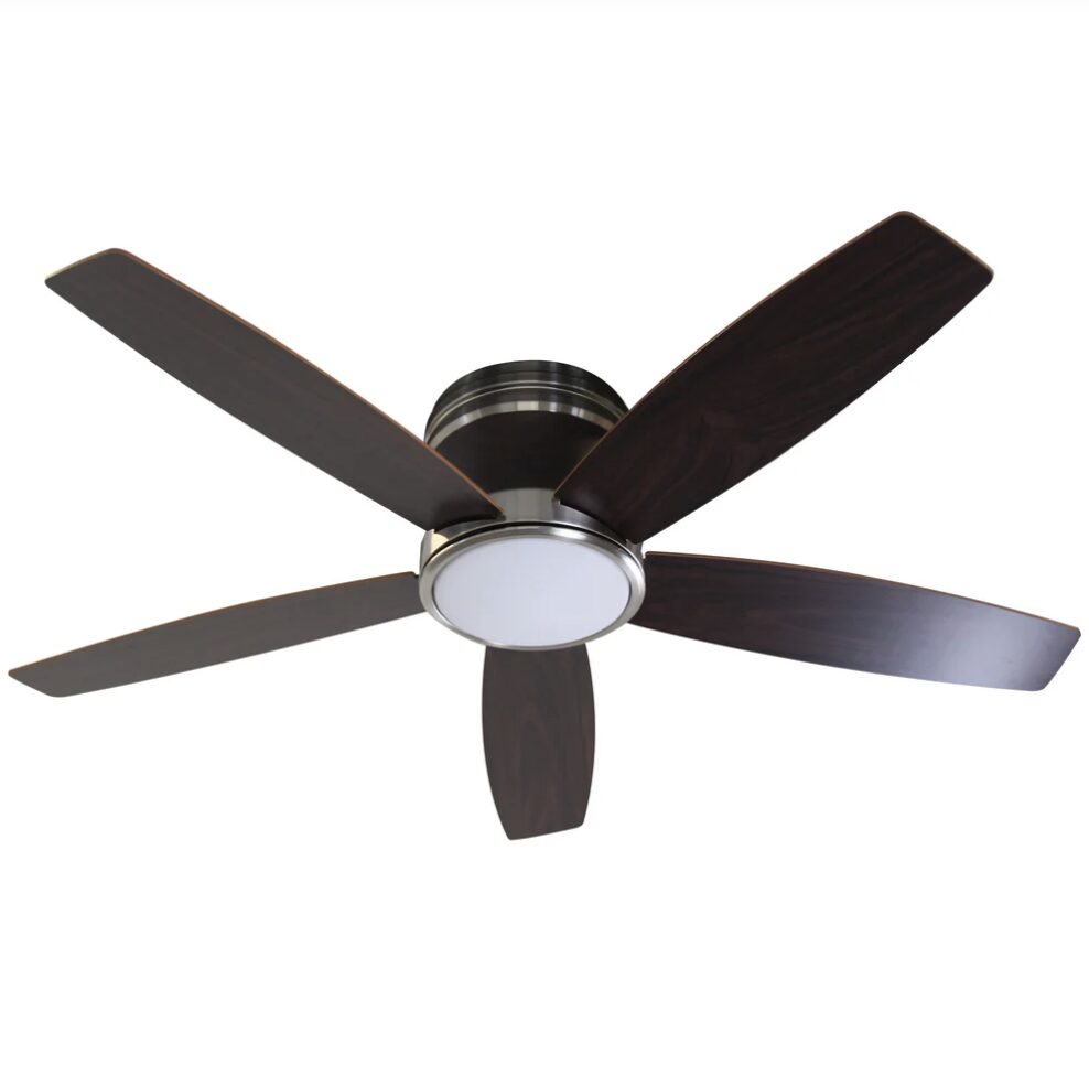 The Blue Mountain 52” Curves low profile hugger ceiling fan is not your ordinary flush mount ceiling fan. The Curves brushed nickel finish with film dipped simulated teak wood body accents offers soft, sleek tones that are suitable for any room type.